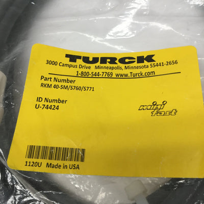 New Turck RKM 40-5M/S760/S771 Minifast Cordset Cable 7/8" 4-Pin Female to Leads, 5m
