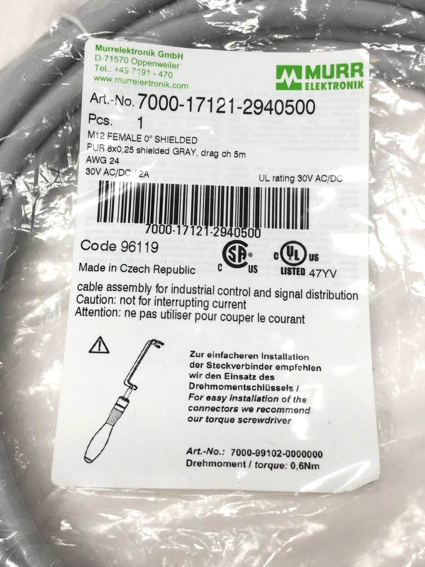 New Murrelektronik 7000-17121-2940500 Cordset Cable M12 8-Pin Female to Leads, 5m