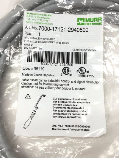 New Murrelektronik 7000-17121-2940500 Cordset Cable M12 8-Pin Female to Leads, 5m