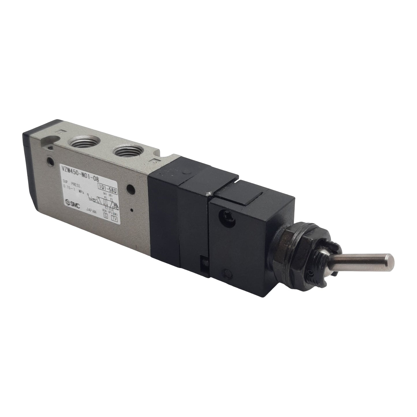 Used SMC VZM450-N01-08 Pneumatic Valve, Toggle Lever, 5/2-Way, 1/8in NPT, 0.15-1MPa