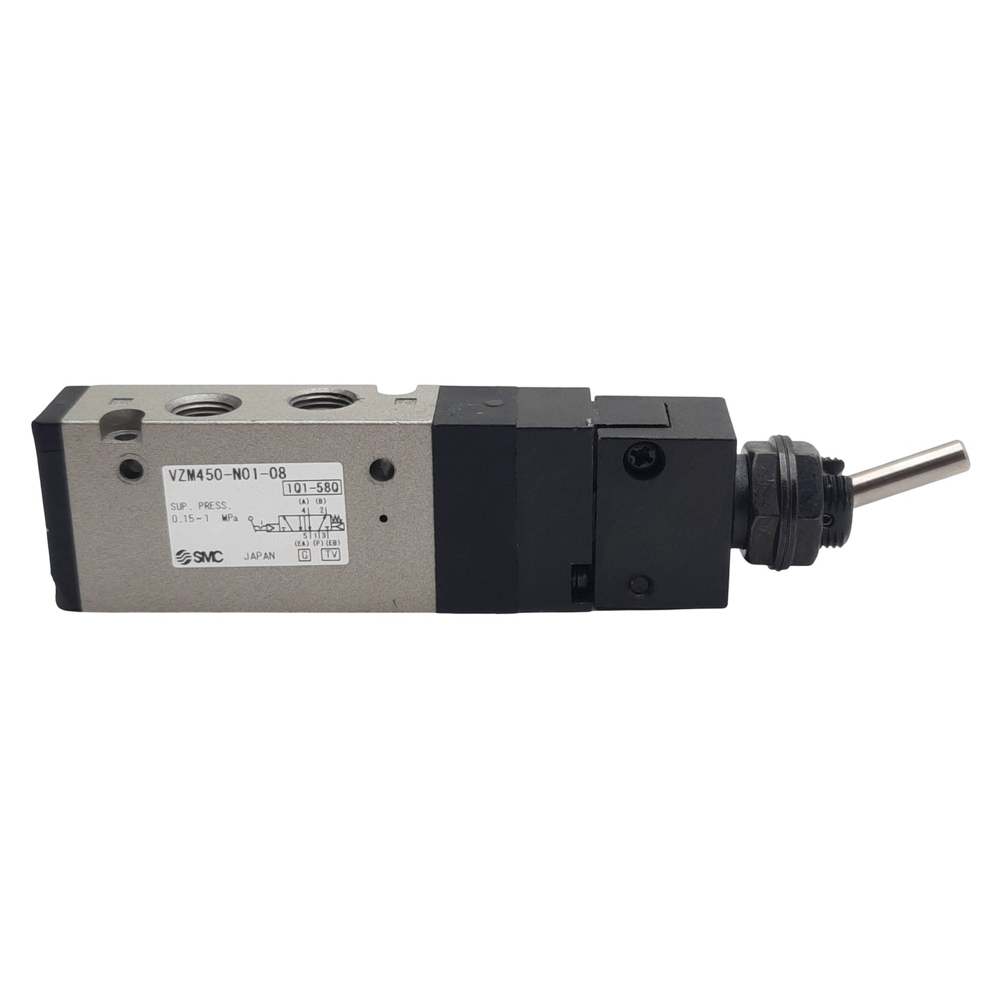 Used SMC VZM450-N01-08 Pneumatic Valve, Toggle Lever, 5/2-Way, 1/8in NPT, 0.15-1MPa