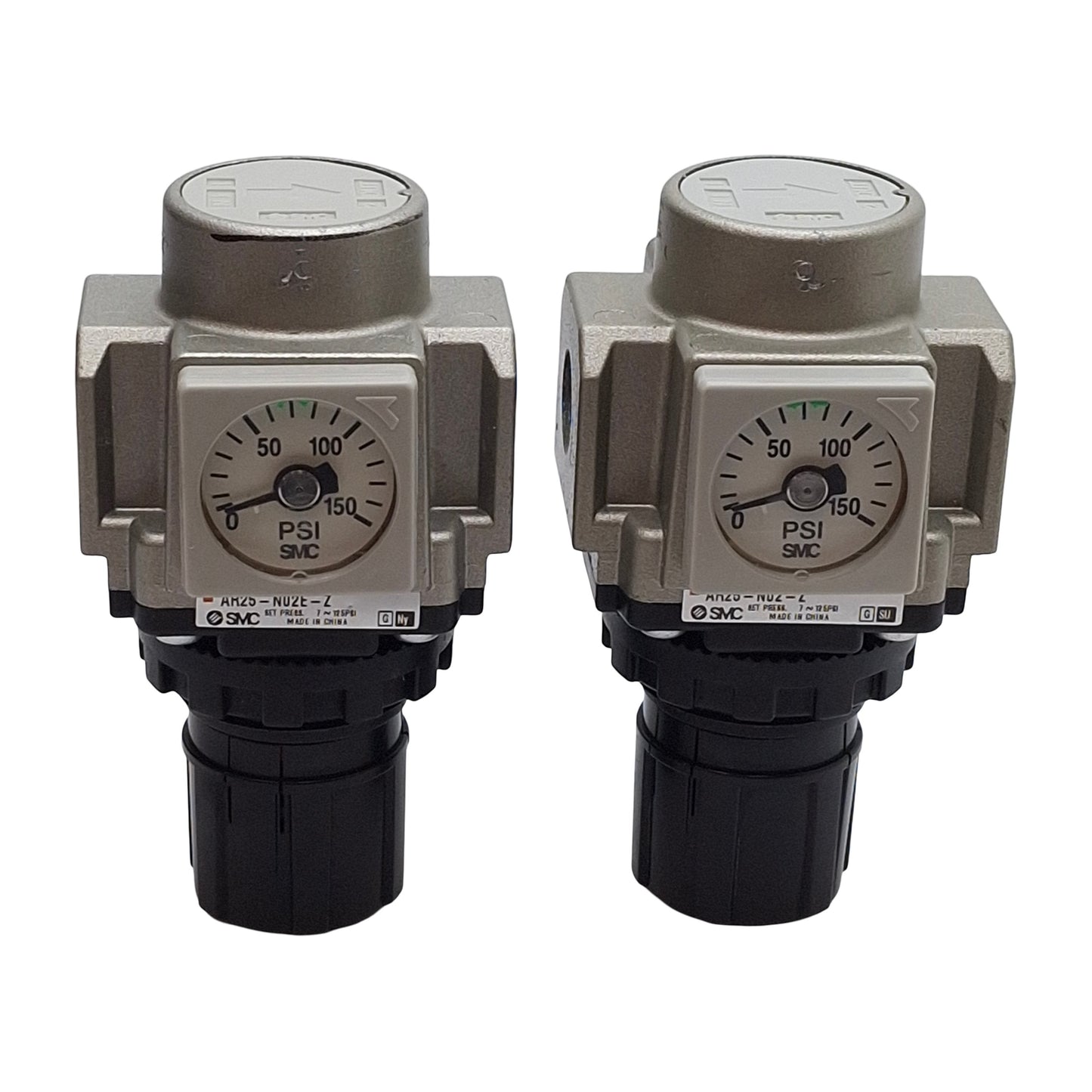 Used Lot of 2 SMC AR25-N02E-Z Pneumatic Regulator w/ Gauge, 7-125psi Set, 1/4in NPT
