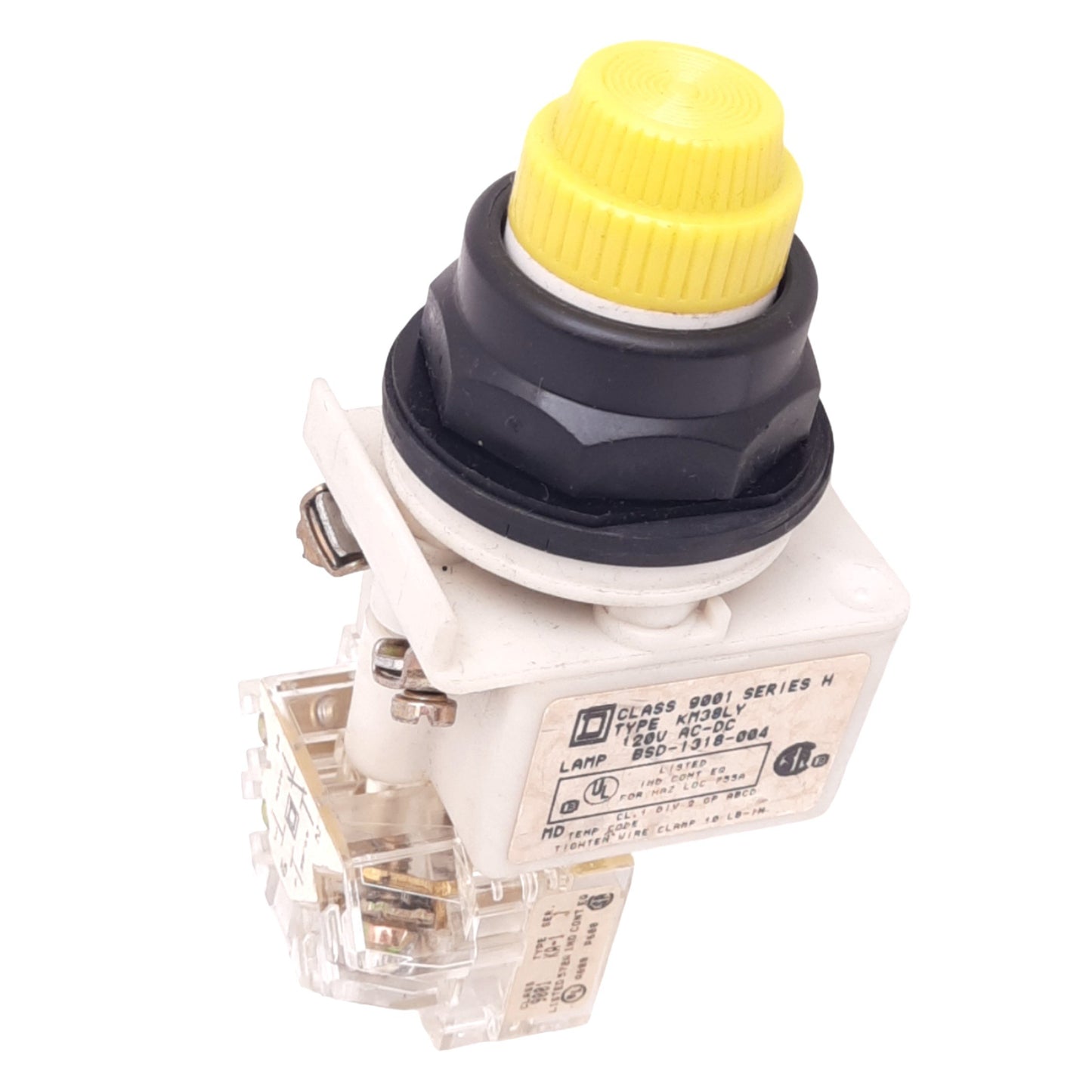 Used Square D 9001KM38LY Yellow Illuminated Pushbutton, ø30mm, 1NC 1NO, 600V 10A Max