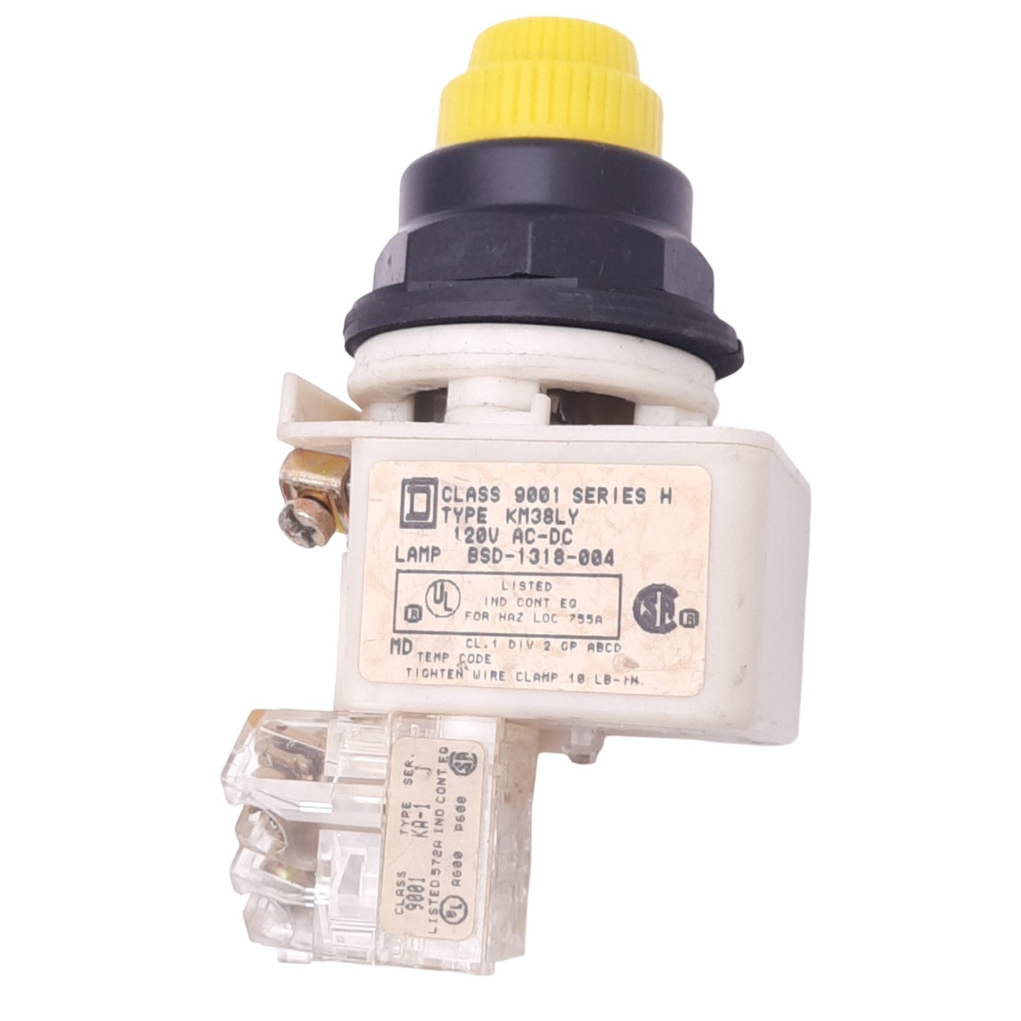 Used Square D 9001KM38LY Yellow Illuminated Pushbutton, ø30mm, 1NC 1NO, 600V 10A Max