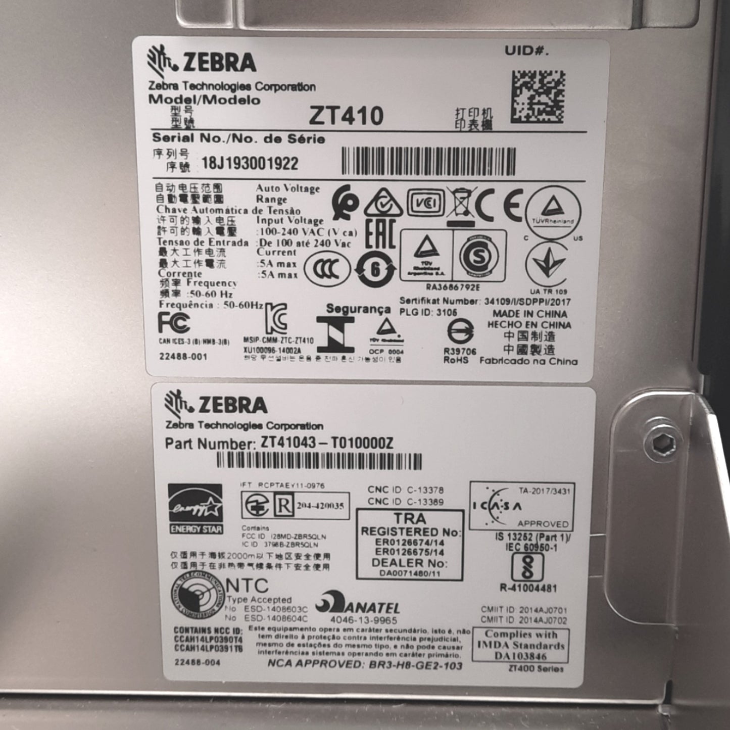Used Zebra ZT41043-T010000Z Direct Thermal Printer, 300dpi, 4" Print, 100-240VAC
