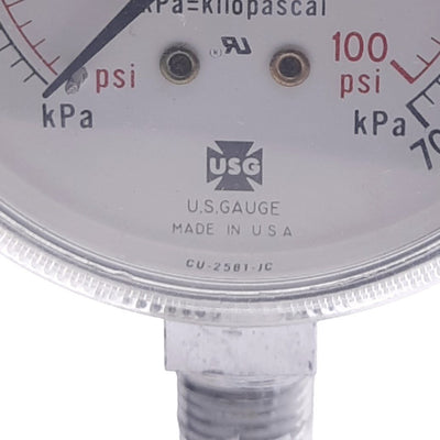 Used AMETEK USG CU-2581-JC Pressure Gauge, 0-100psi, 0-700kPa, 2-1/2" Face, 1/4" NPT