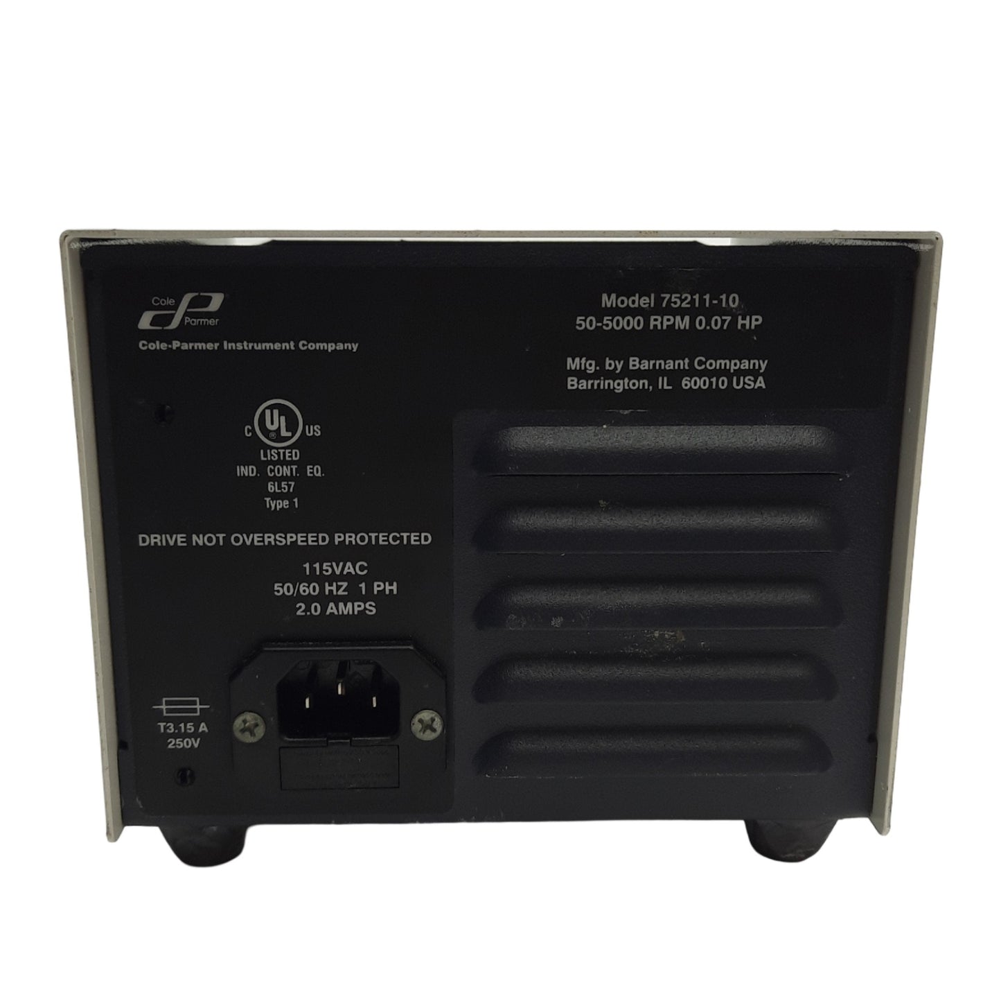 Used Cole Parmer 75211-10 Gear Pump Drive 50-5000RPM, 0.07HP, 120VAC 1-PH 2A