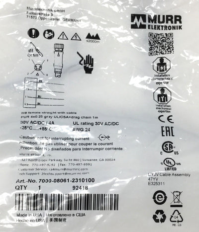 New Lot of 3 Murr 7000-08061-2310100 Cordset Cables, M8 4-Pin Female Connector, 1m