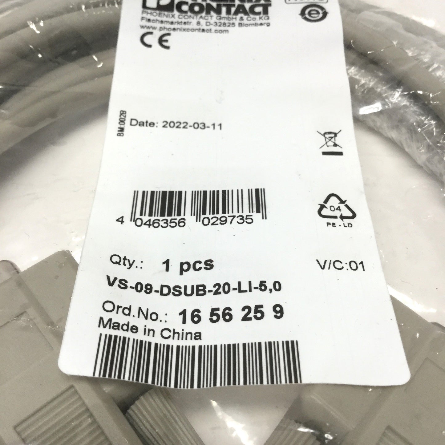 New Phoenix Contact VS-09-DSUB-20-LI-5,0 1656259 Cable Assembly 9-Pin D-SUB M-F, 5m