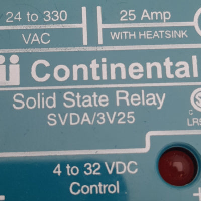 Used Continental SVDA-3V25 Solid State Relay 24-330VAC, 25A, 4-32VDC Control
