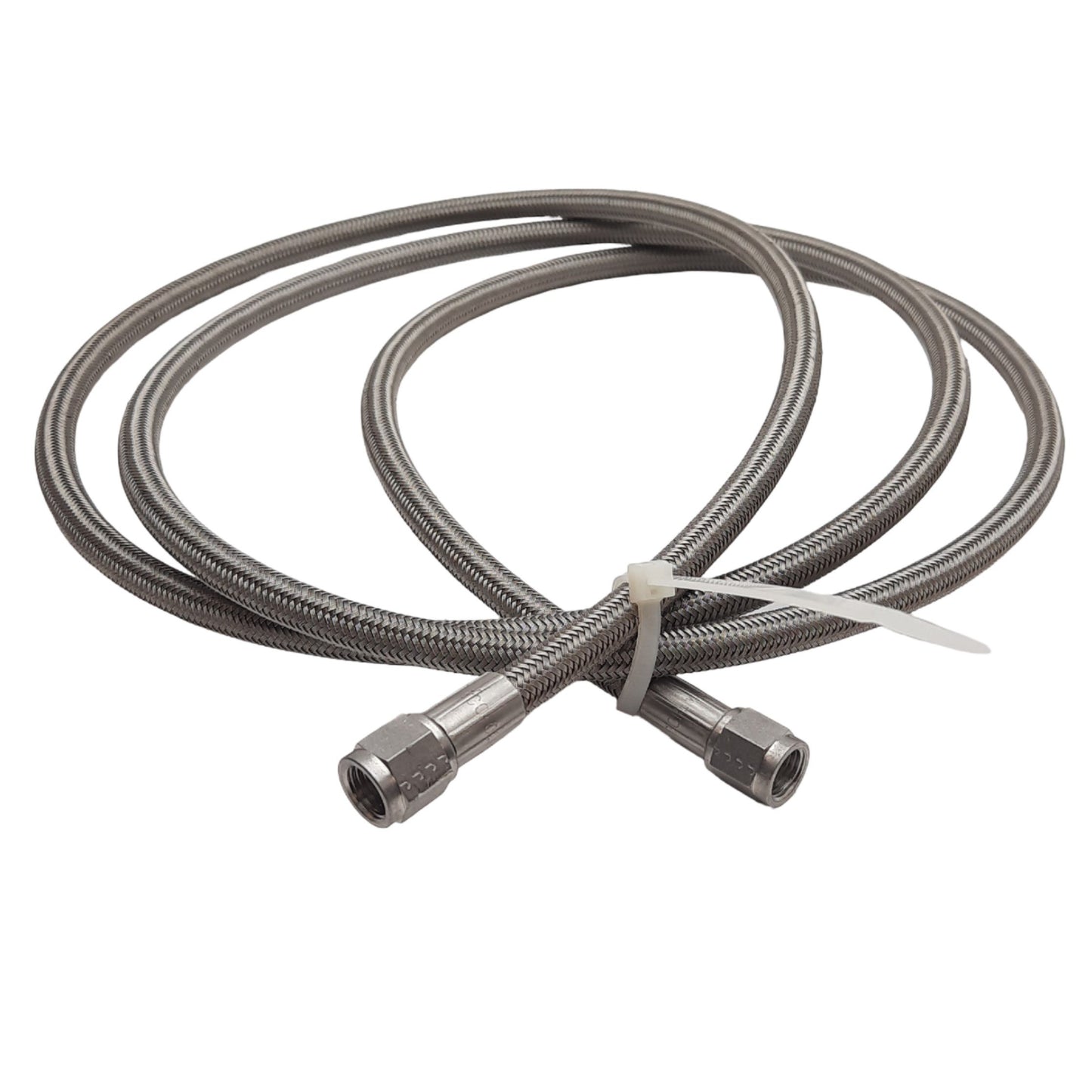 Used Stainless Steel Braided Hose 10mm OD, JIC-4 Flare Fittings 7/16in Thread, 7ft