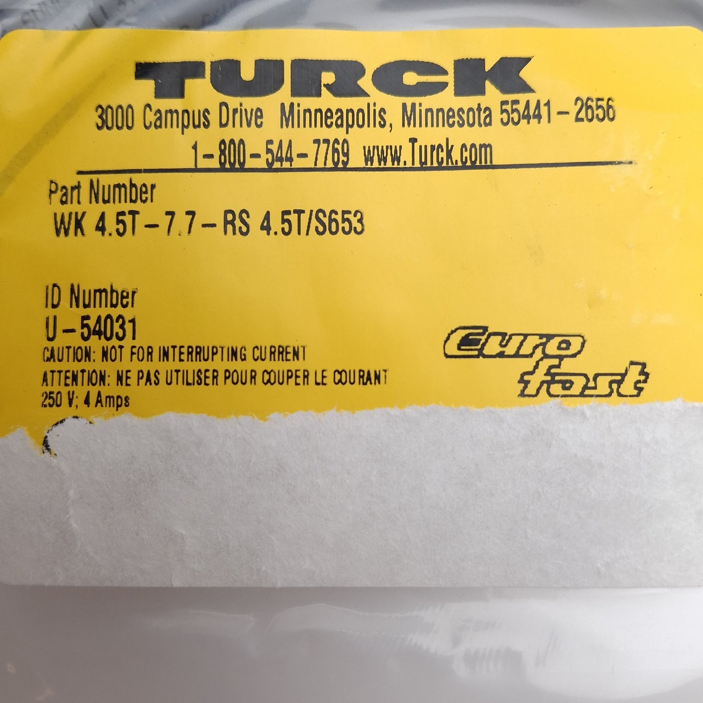 New Turck WK 4.5T-7.7-RS 4.5T/S653 Cordset, M12 5-Pin Male to Female, 250V 4A, 25ft