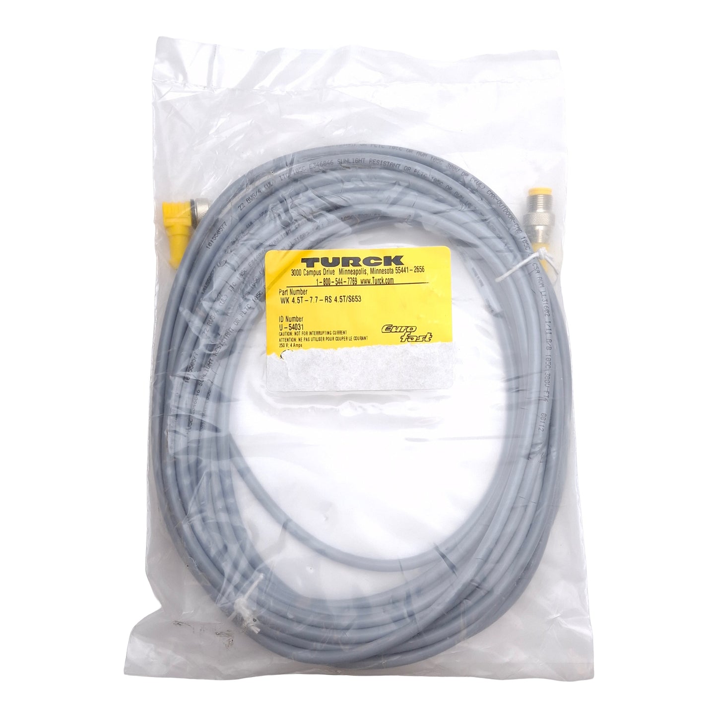 New Turck WK 4.5T-7.7-RS 4.5T/S653 Cordset, M12 5-Pin Male to Female, 250V 4A, 25ft