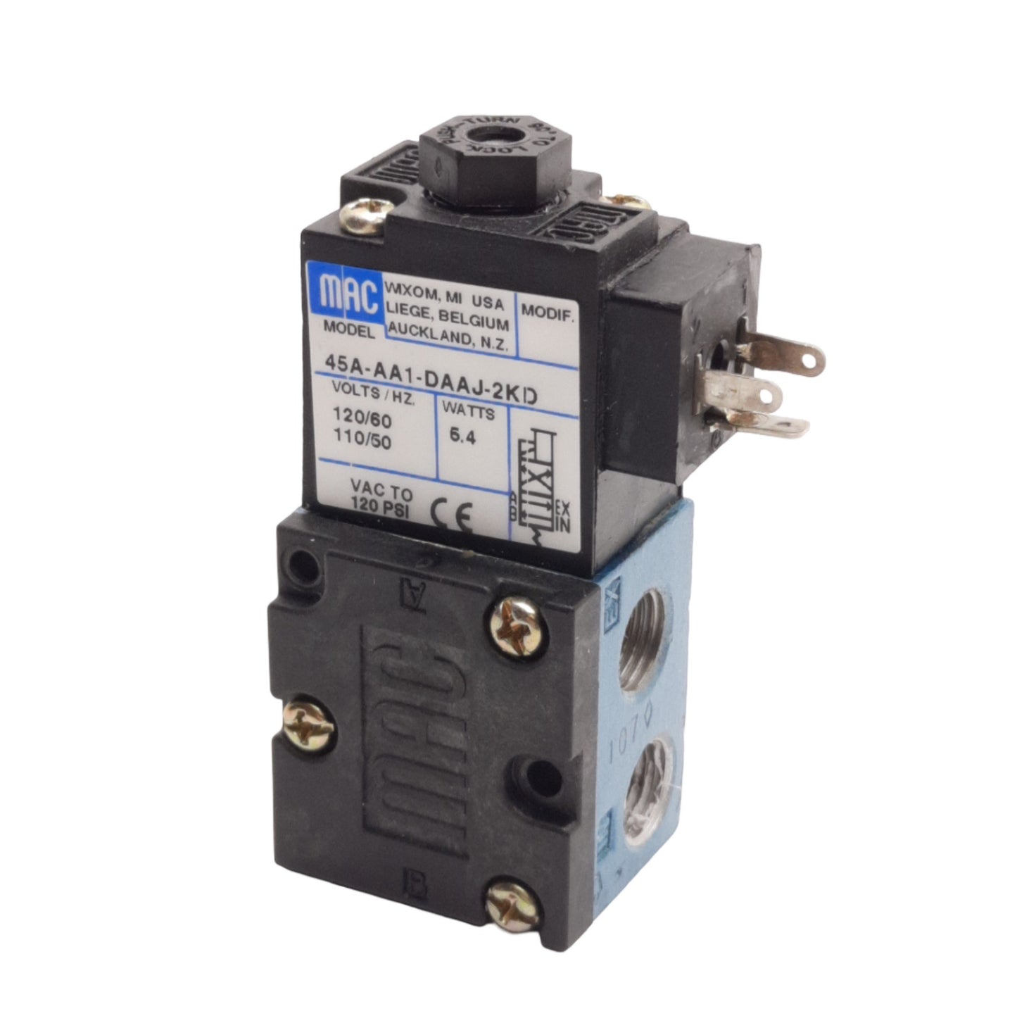 Used MAC Valve 45A-AA1-DAAJ-2KD Solenoid Valve VAC-120PSI, 1/8" NPT, 110/120VAC Coil