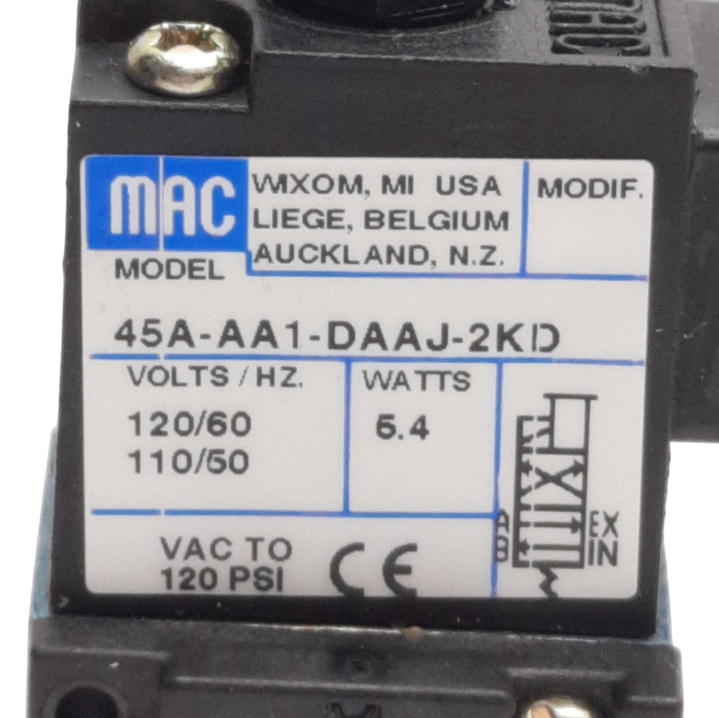 Used MAC Valve 45A-AA1-DAAJ-2KD Solenoid Valve VAC-120PSI, 1/8" NPT, 110/120VAC Coil