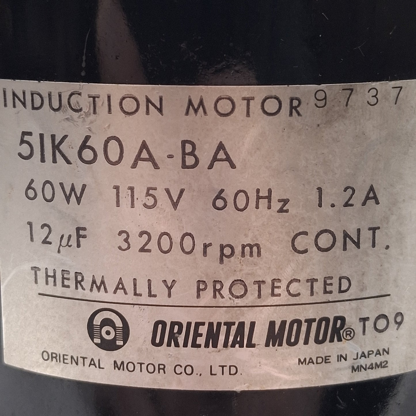 Used Oriental Motor 5IK60A-BA Induction Motor 115VAC 1.2A 60W, 12µF, 26oz-in, 3200RPM