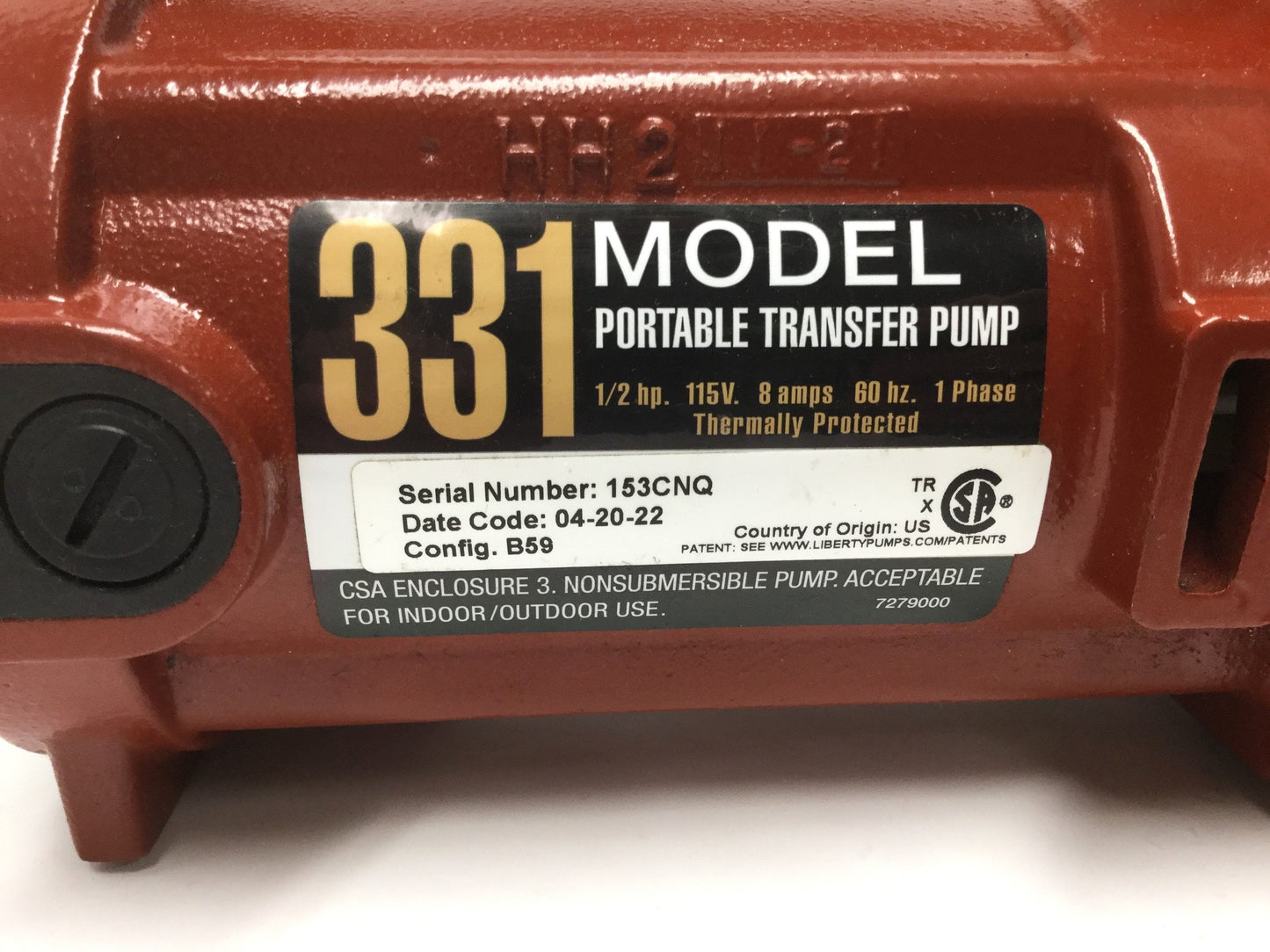 Used Liberty Model 331 Heavy Duty Portable Transfer Pump 3/4", 24GPM, 1/2HP, 115VAC