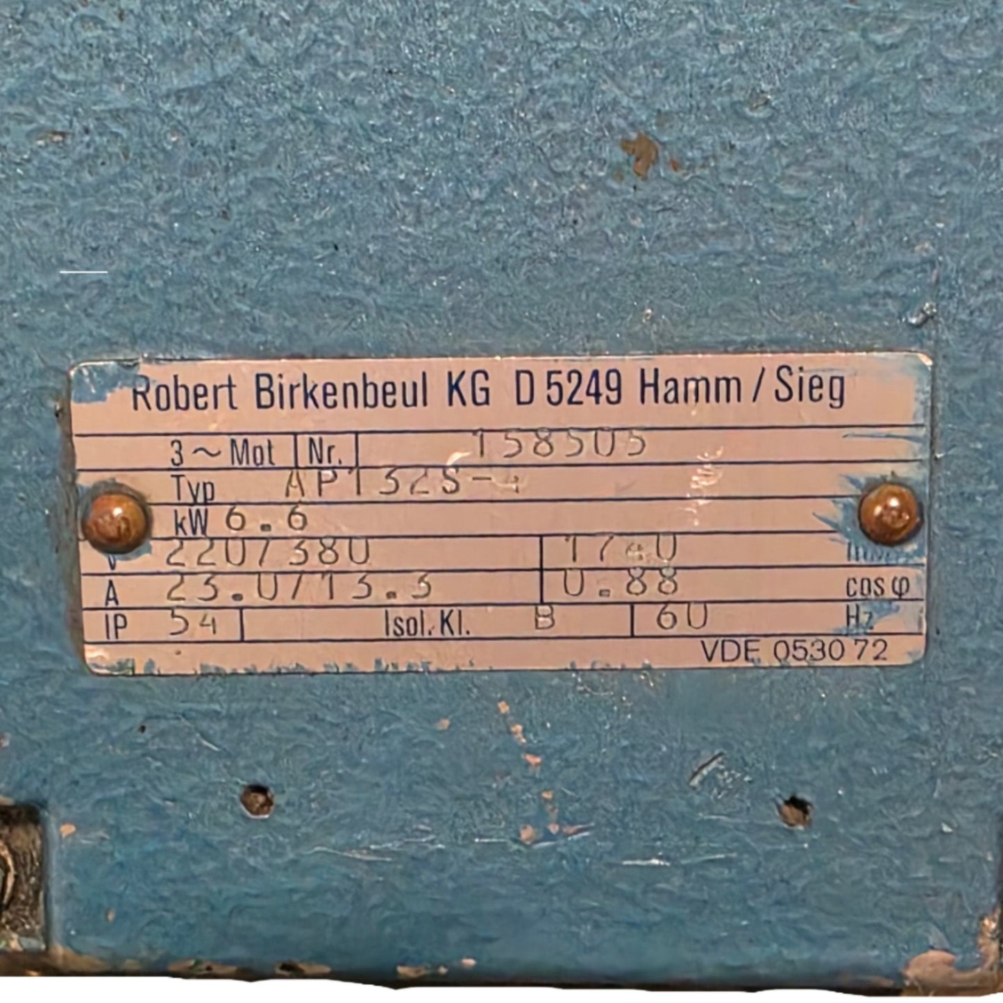 Used Robert Birkenbeul AP132S-4 AC Motor 6.6kW 1740RPM 220/380VAC 60Hz 3-Ph 23/13.3A