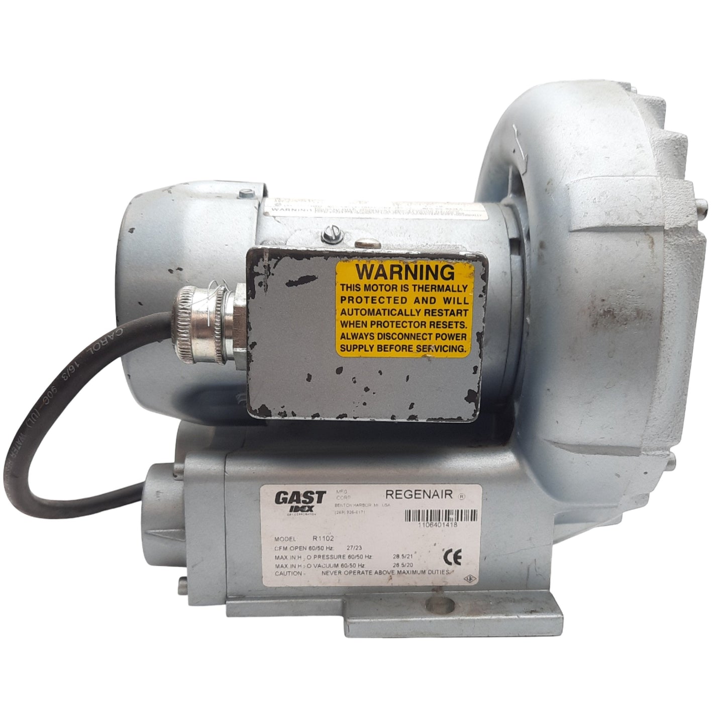 Used Gast R1102 Regenerative Blower 28.5inH2O Max. Pressure, 27CFM Max. Air Flow