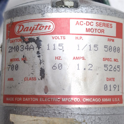 Used Dayton 2M034A Universal AC-DC Motor, 115VAC/DC 1.2A 1/15HP, 5000RPM, ø1/4" Shaft