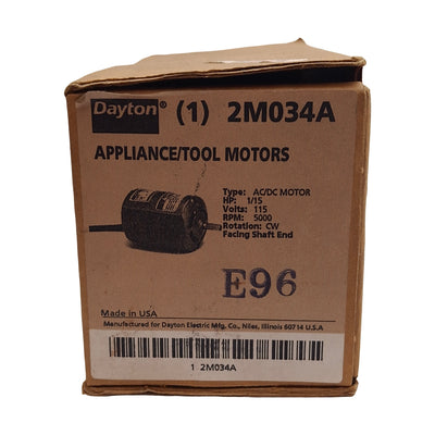 New Dayton 2M034A Universal AC-DC Motor 115VAC/DC 1.2A 1/15HP, 5000RPM, ø1/4" Shaft