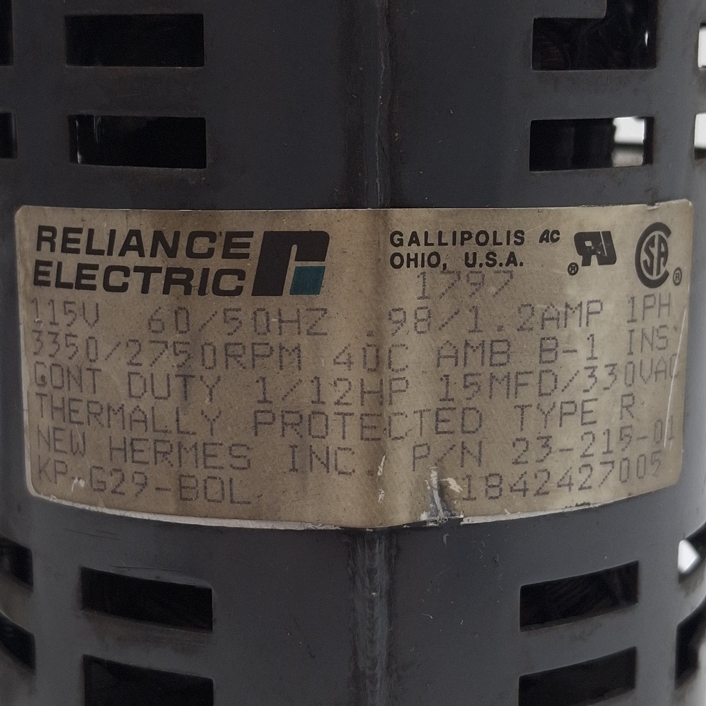 Used Reliance Electric KP-G29-BOL AC Motor 115VAC 0.98A 1/12HP, 3350RPM, ø3/8in Shaft