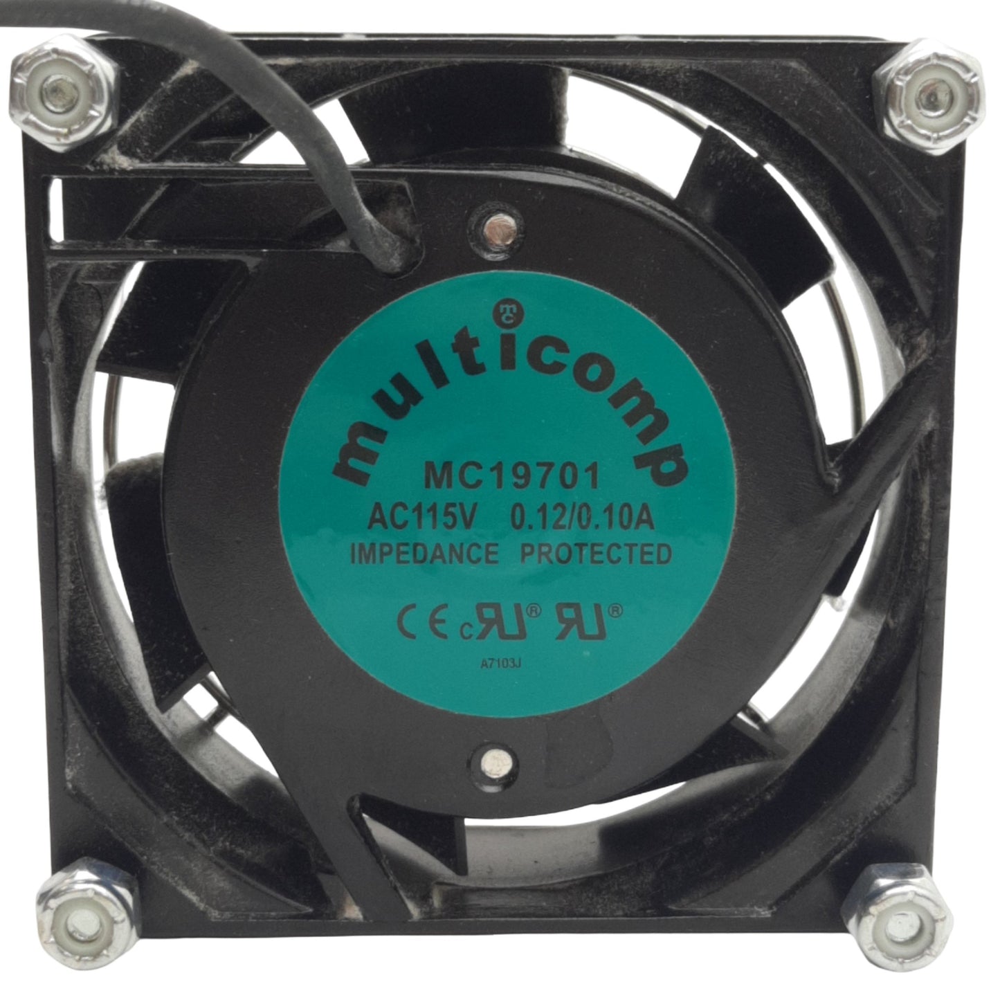 Used Multicomp MC19701 Axial Fan 85-125VAC Operating, 18/22CFM, 80mm x 80mm x 25.5mm