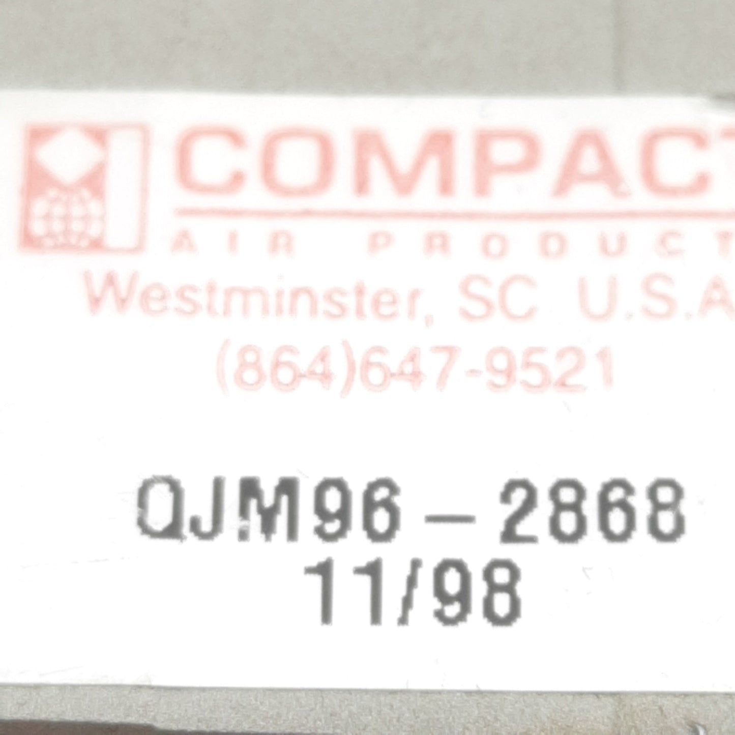 Used Compact QJM96-2868 Pneumatic Cylinder ø3/4in Bore, 3/4in Stroke, #10-32UNF