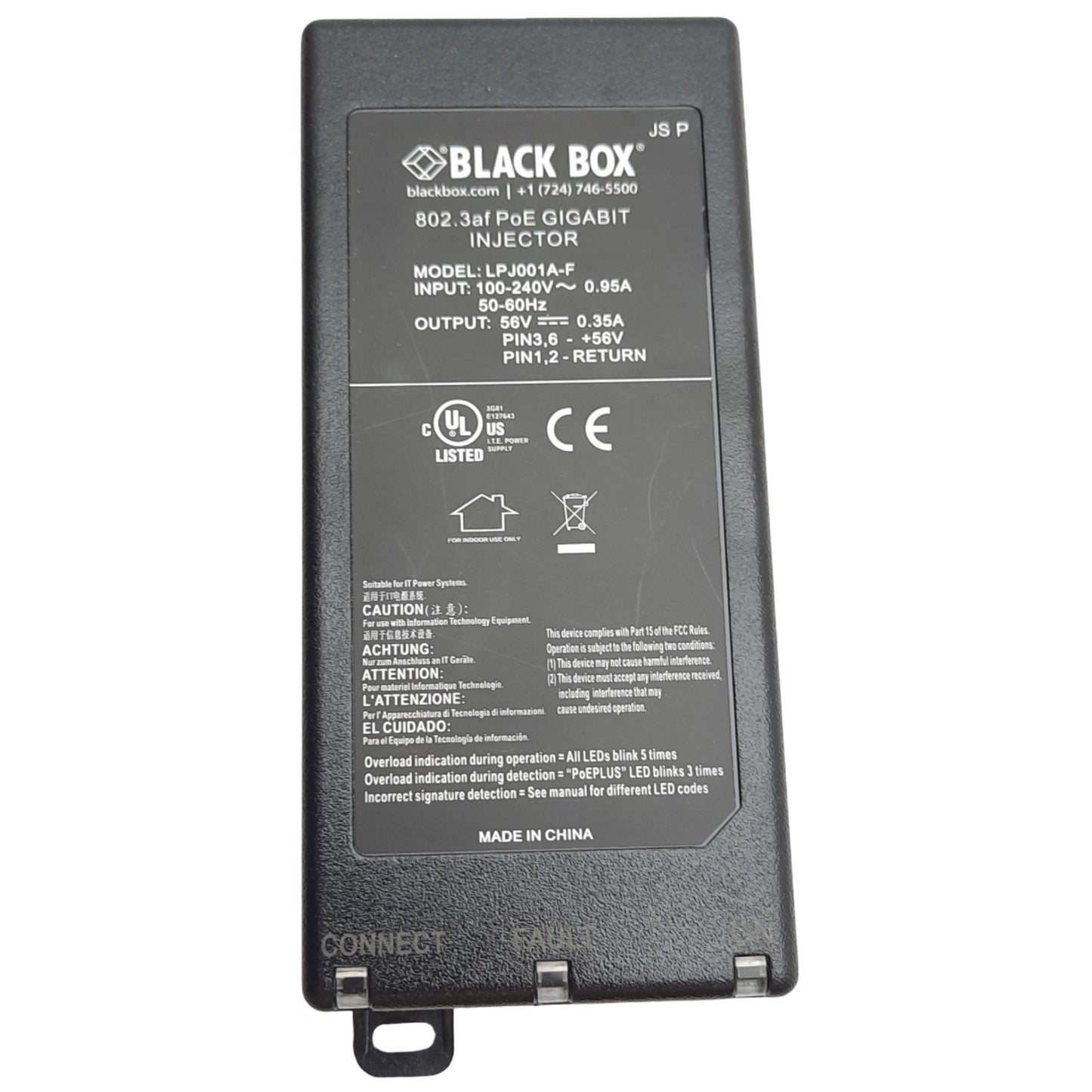 Used Black Box LPJ001A-F 802.3af PoE GIGABIT INJECTOR In: 100-240VAC Out: 56VDC 0.35A