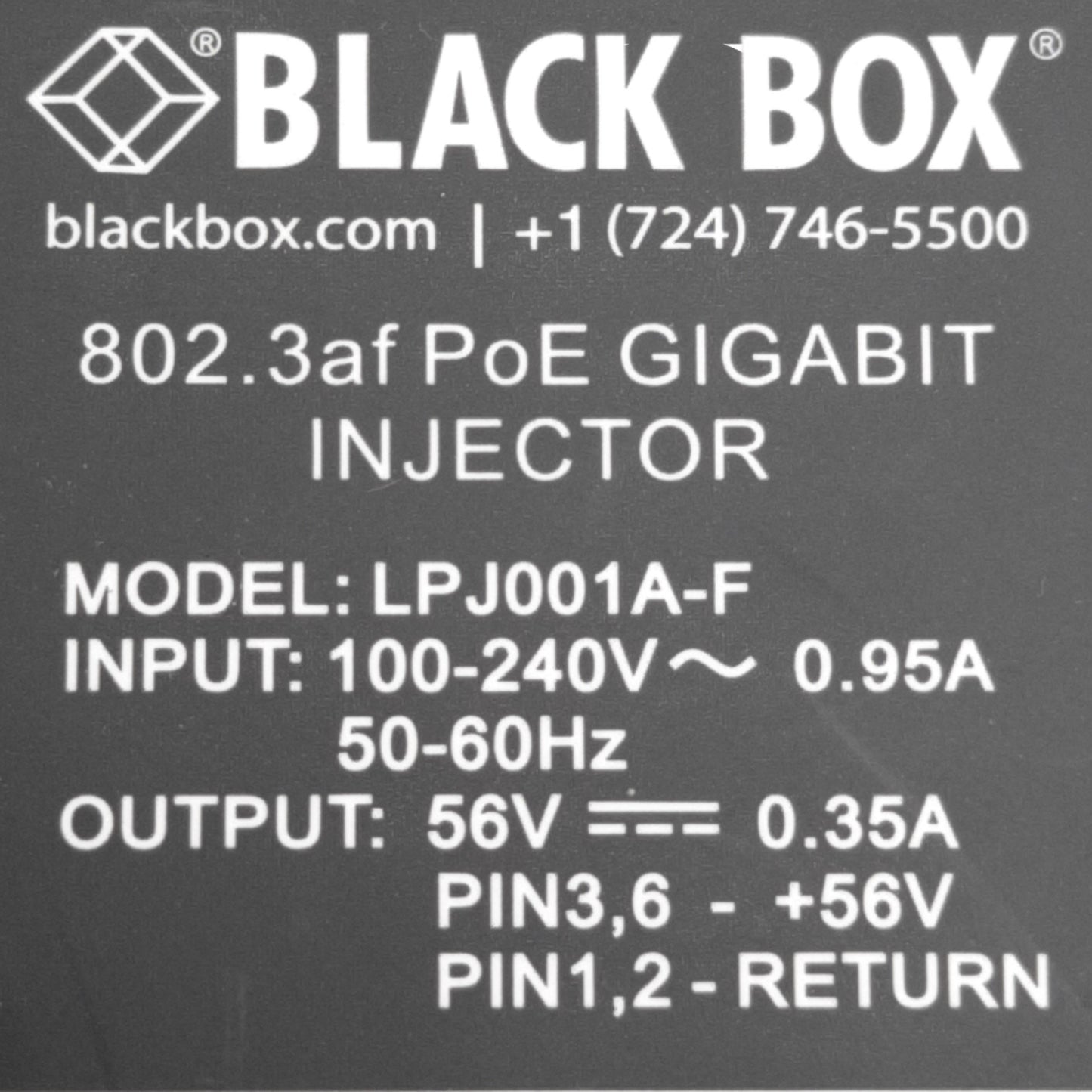 Used Black Box LPJ001A-F 802.3af PoE GIGABIT INJECTOR In: 100-240VAC Out: 56VDC 0.35A