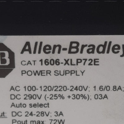 Used Allen Bradley 1606-XLP72E Power Supply 100-240VAC In, 3A 24VDC 72W Out, DIN Rail