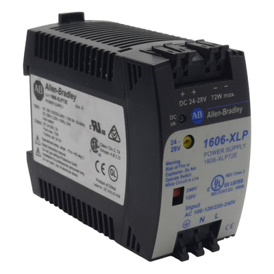 Used Allen Bradley 1606-XLP72E Power Supply 100-240VAC In, 3A 24VDC 72W Out, DIN Rail