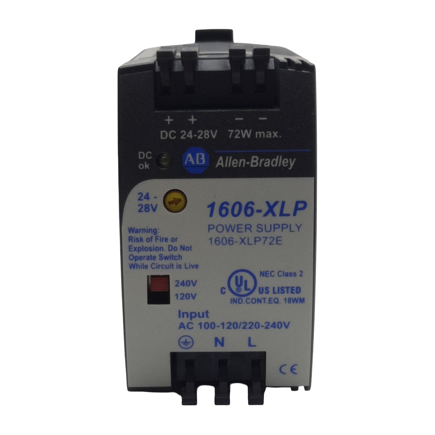 Used Allen Bradley 1606-XLP72E Power Supply 100-240VAC In, 3A 24VDC 72W Out, DIN Rail