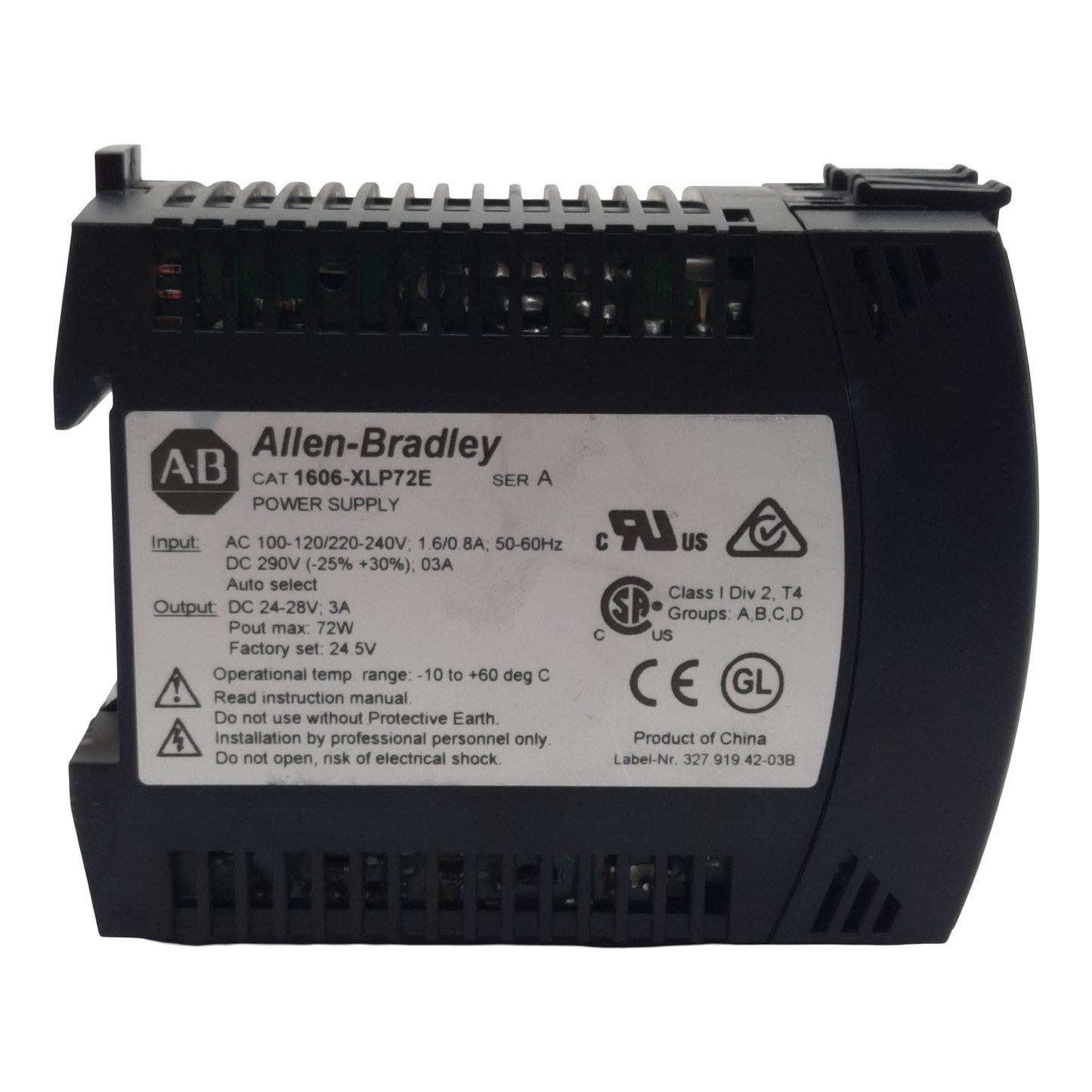 Used Allen Bradley 1606-XLP72E Power Supply 100-240VAC In, 3A 24VDC 72W Out, DIN Rail
