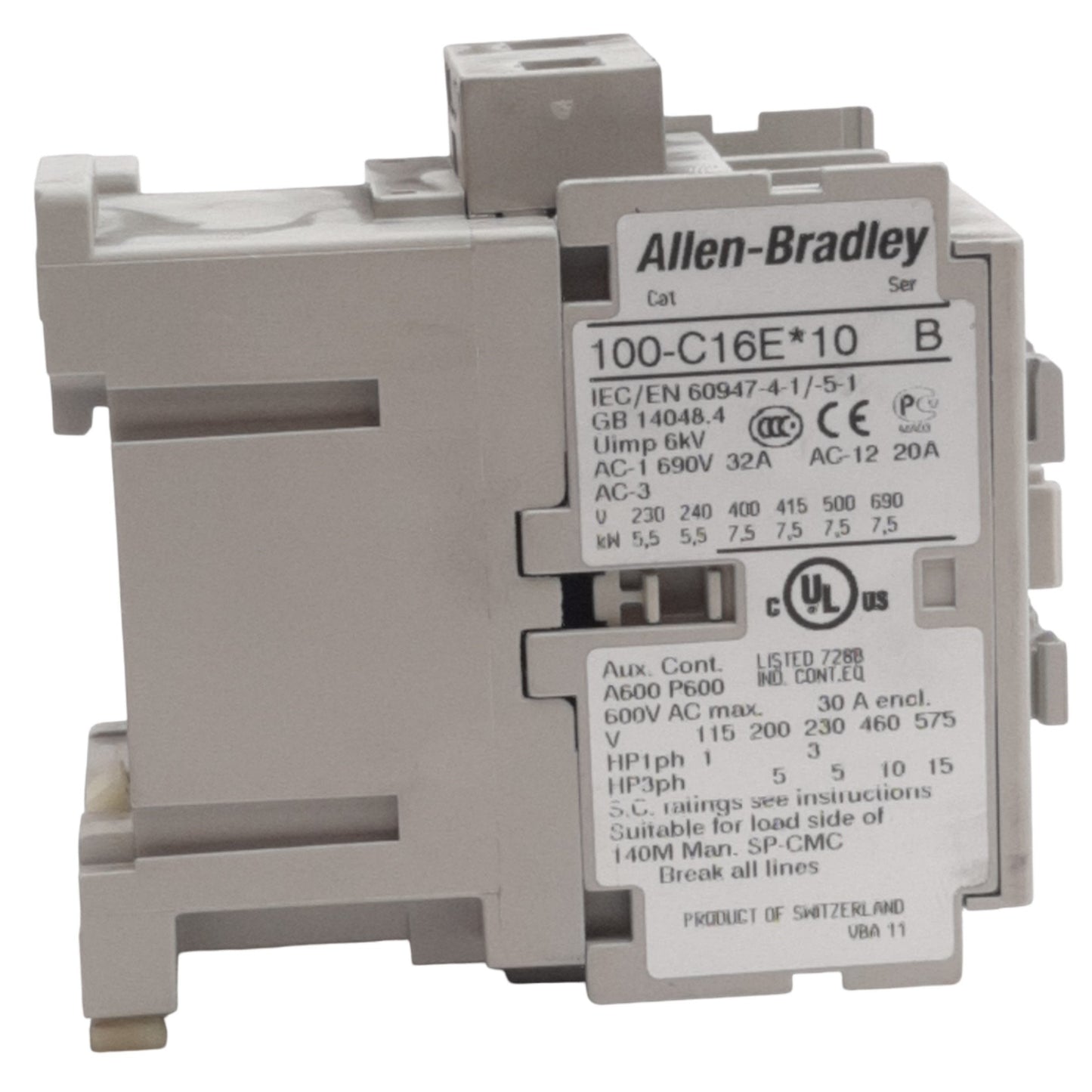 Used Allen Bradley 100-C16EJ10 IEC Contactor 3-Pole, 32A, 7.5kW @ 690VAC, 24VDC Coil