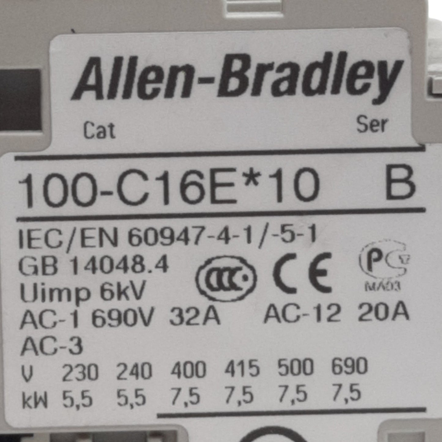 Used Allen Bradley 100-C16EJ10 IEC Contactor 3-Pole, 32A, 7.5kW @ 690VAC, 24VDC Coil