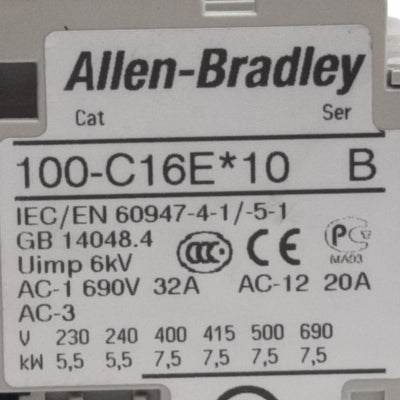 Used Allen Bradley 100-C16EJ10 IEC Contactor 3-Pole, 32A, 7.5kW @ 690VAC, 24VDC Coil
