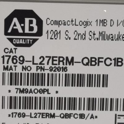 Used Allen Bradley 1769-L27ERM-QBFC1B CompactLogix 5370 Controller EtherNet/IP 24VDC