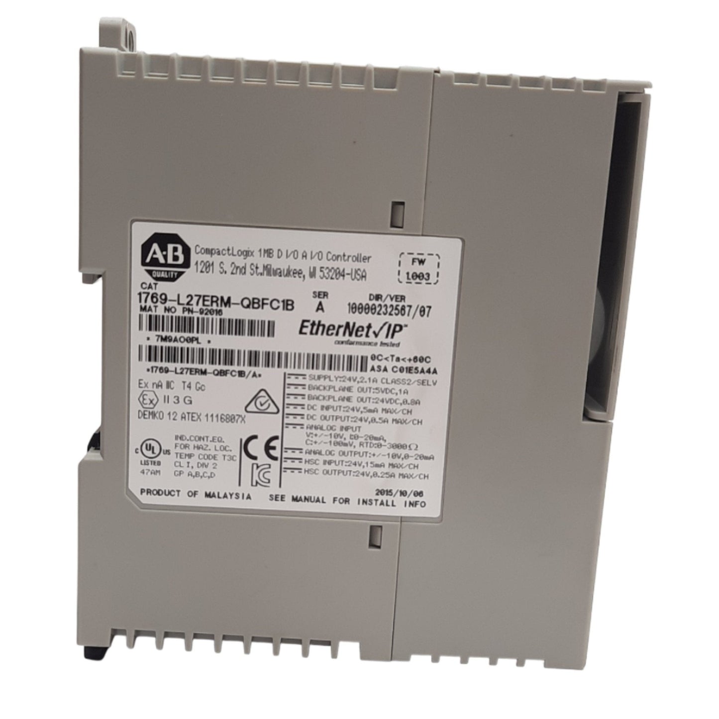 Used Allen Bradley 1769-L27ERM-QBFC1B CompactLogix 5370 Controller EtherNet/IP 24VDC