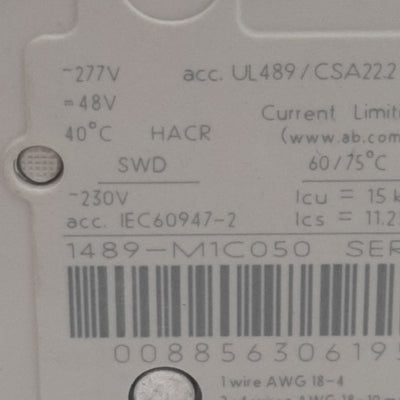 Used Allen Bradley 1489-M1C050 Circuit Breaker, 1-Pole, 5A 48VDC/277VAC, DIN Rail