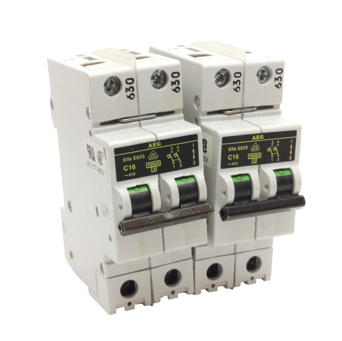 Used Lot of 2 AEG Elfa E82S C16 Circuit Breaker, 2-Poles, 16A, 277/480VAC, DIN Rail