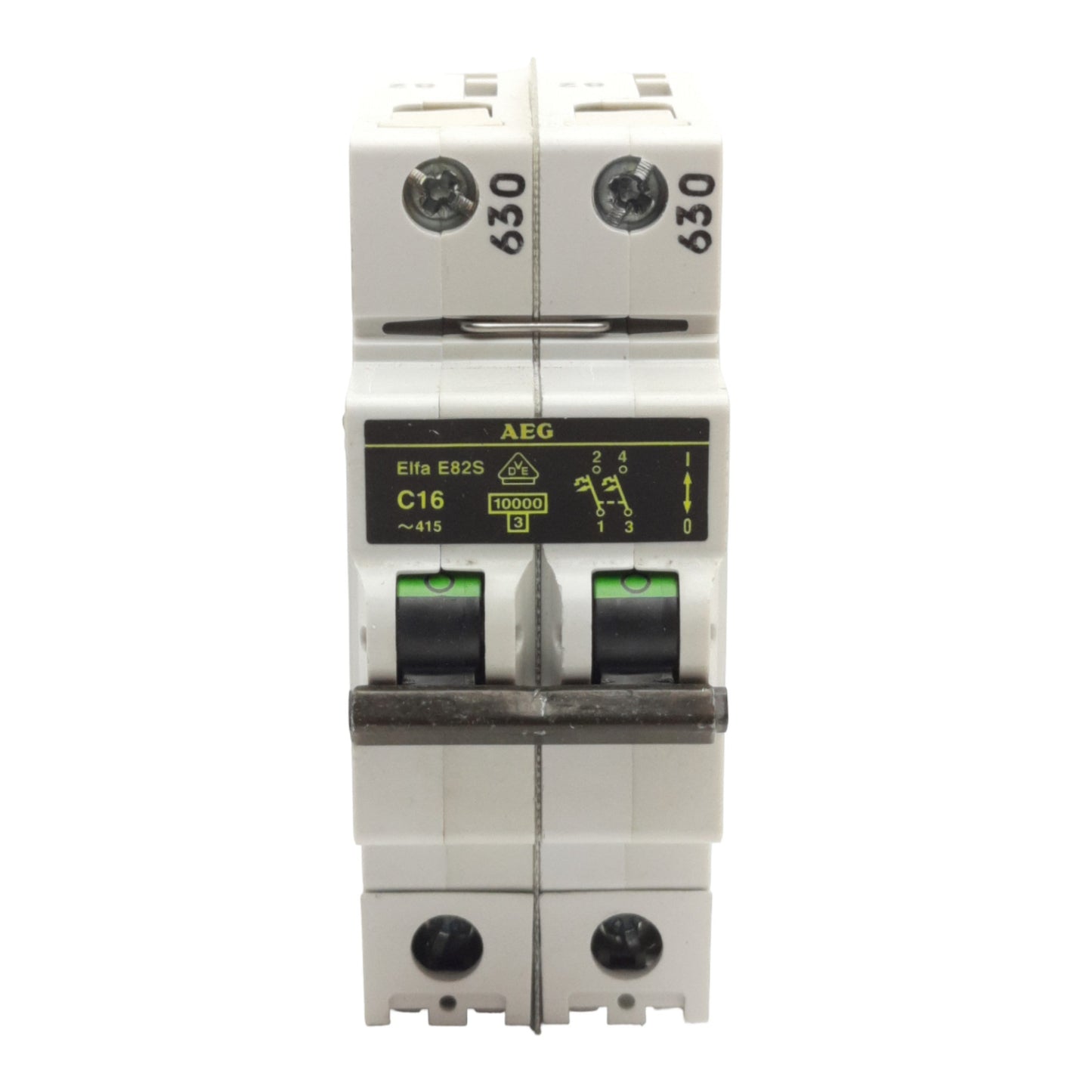 Used Lot of 2 AEG Elfa E82S C16 Circuit Breaker, 2-Poles, 16A, 277/480VAC, DIN Rail