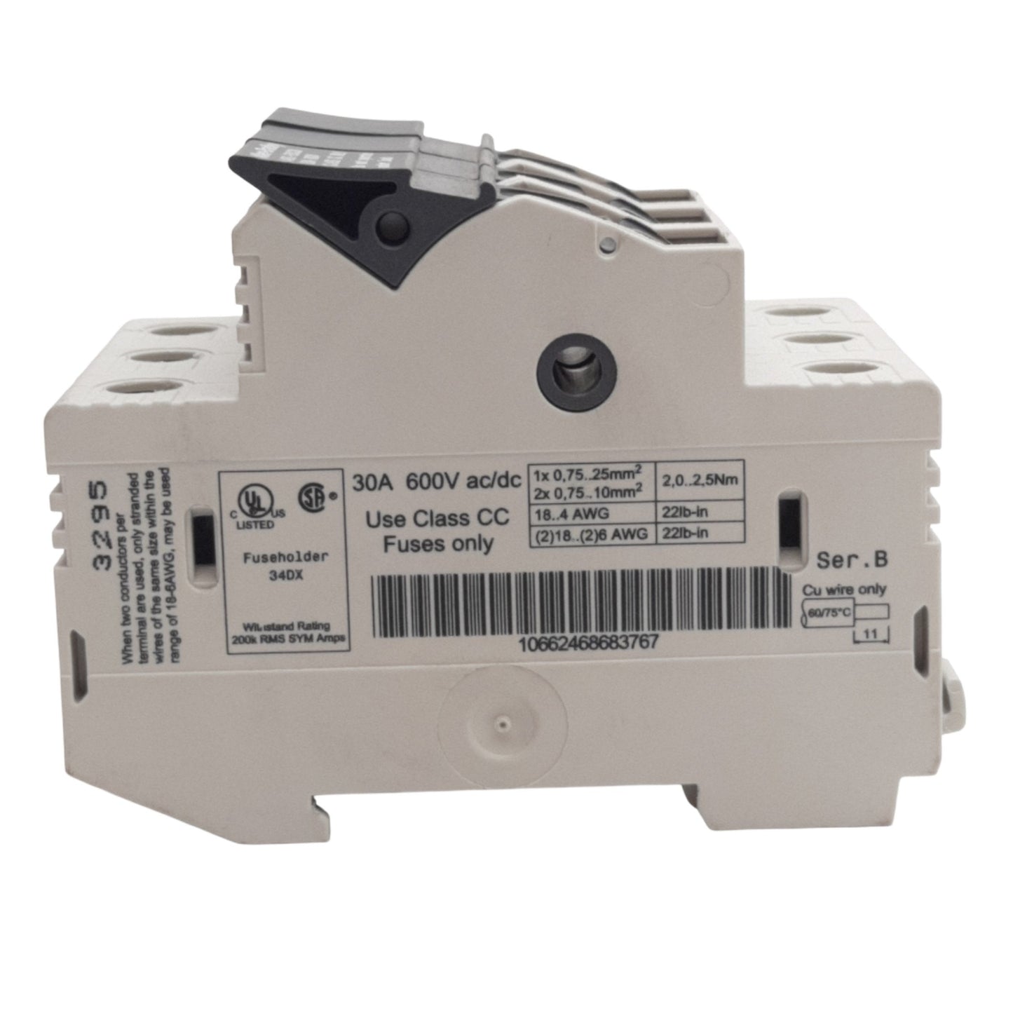 Used Allen Bradley 1492-FB3C30 Fuse Holder 3-Poles,Class CC Type, 30A, 600VAC/DC