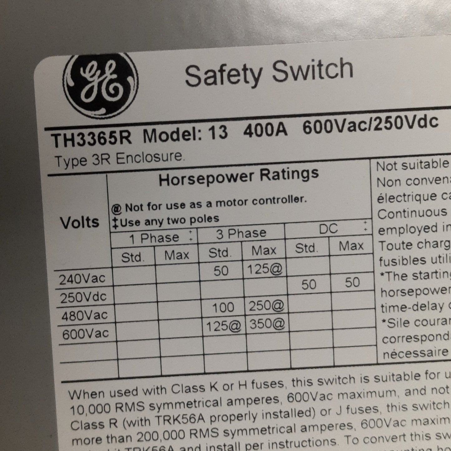 New – Open box ABB TH3365R Enclosed Disconnect Switch 3-Pole, 600VAC/250VDC 400A, 53 x 22 x 8in