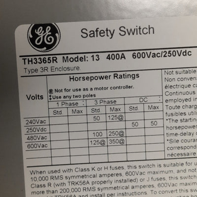 New – Open box ABB TH3365R Enclosed Disconnect Switch 3-Pole, 600VAC/250VDC 400A, 53 x 22 x 8in
