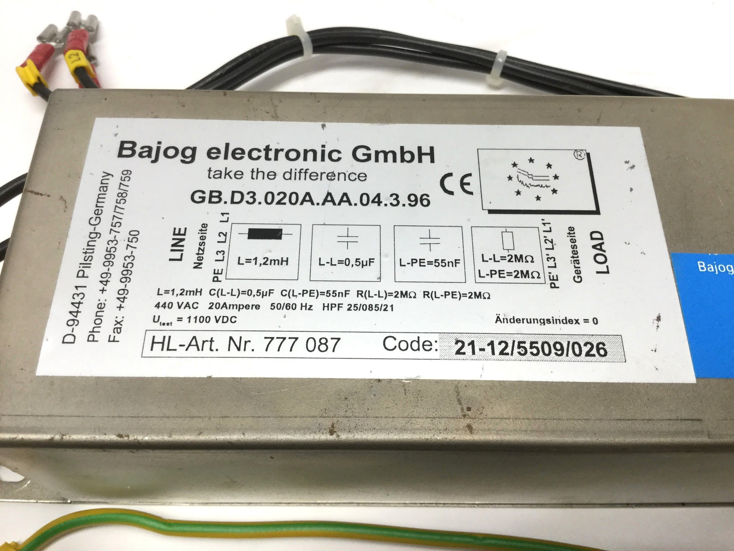 Used Bajog GB.D3.020A.AA.04.3.96 Three-Phase Main Line Power Filter, 440VAC 20A