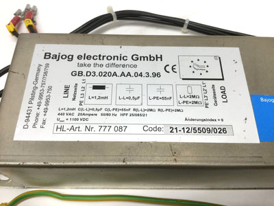 Used Bajog GB.D3.020A.AA.04.3.96 Three-Phase Main Line Power Filter, 440VAC 20A