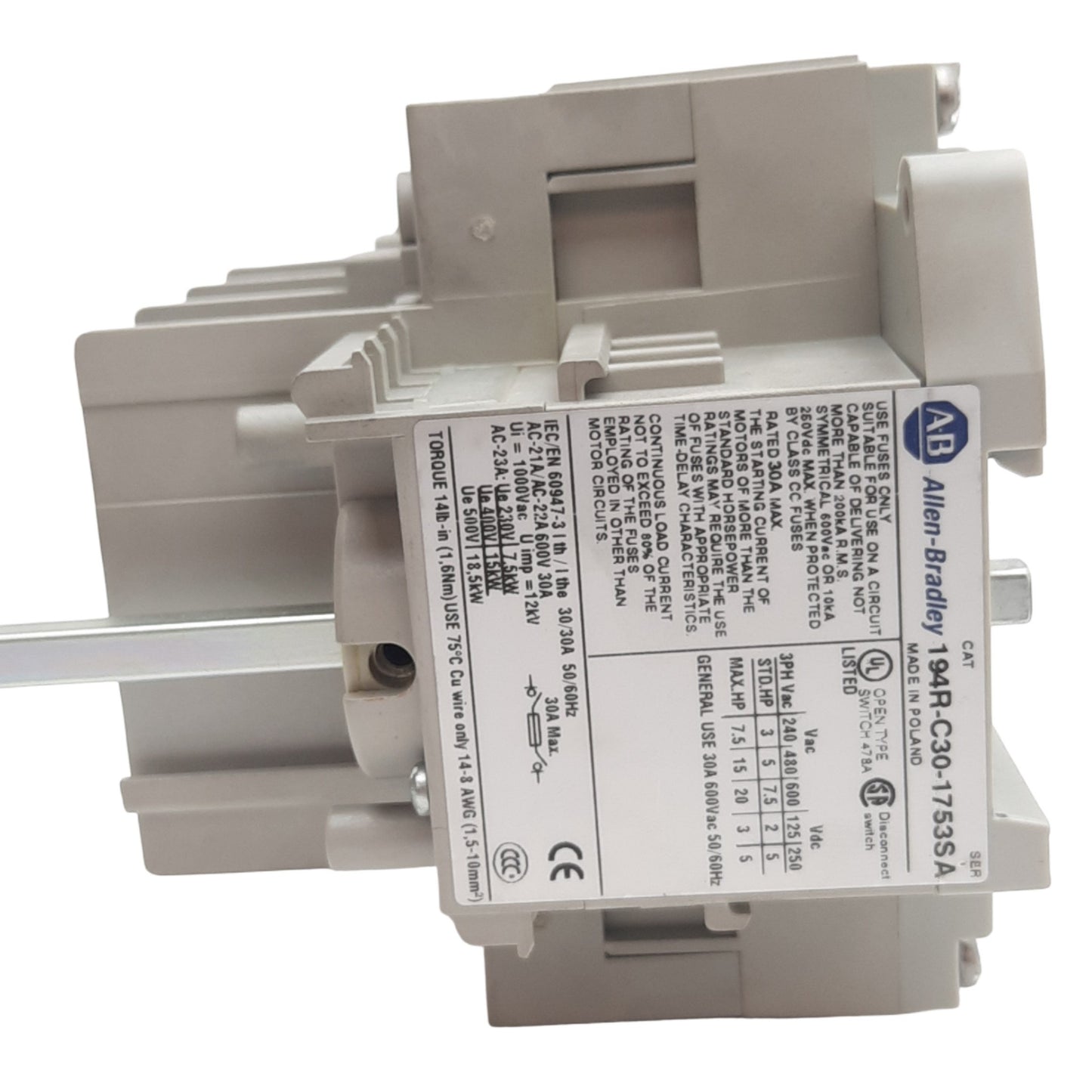 Used Allen Bradley 194R-C30-1753 Disconnect Switch 600VAC Max, 250VDC Max, 30A