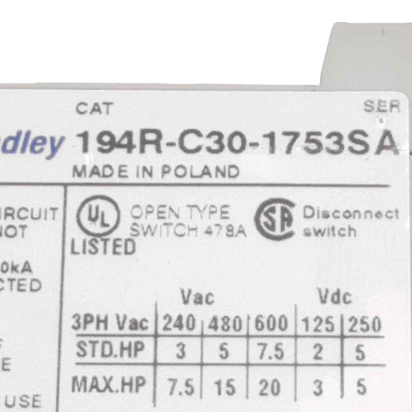 Used Allen Bradley 194R-C30-1753 Disconnect Switch 600VAC Max, 250VDC Max, 30A