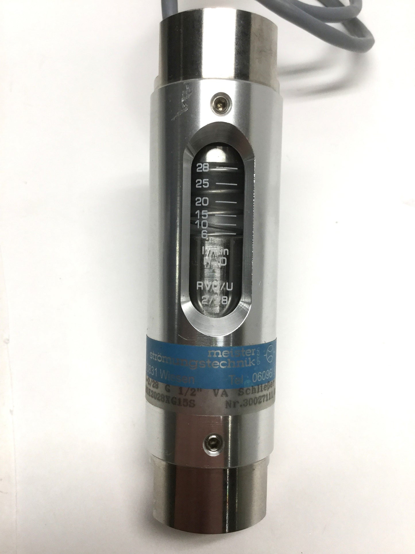 Used Meister Fluids RVO/U-2/28 Flow Monitor/Indicator, 12-28L/min Water, 3A 230V